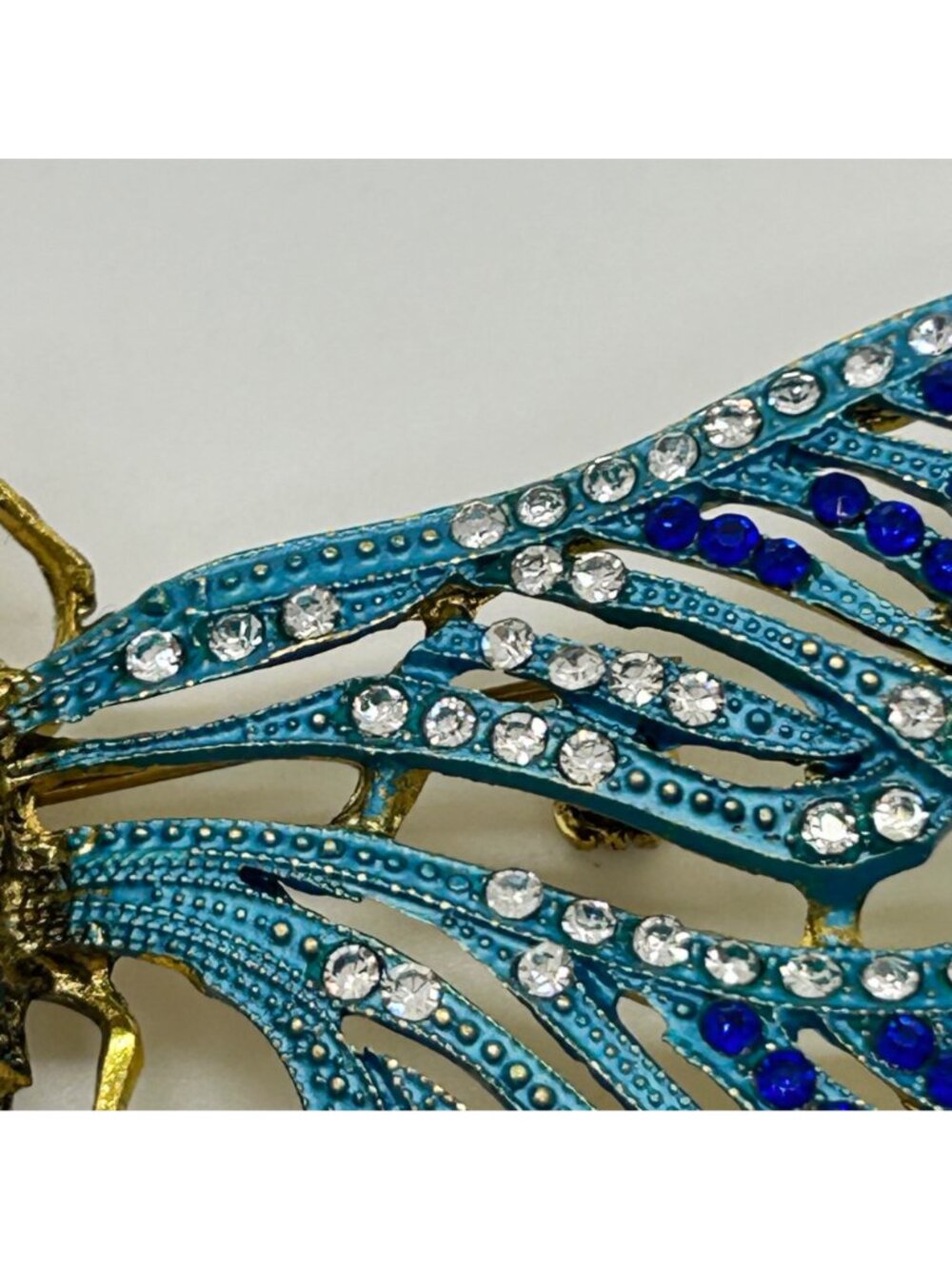 Dragonfly Brooch Articulated Tail Blue Teal Rhinestones Statement 5 inch Insect - Picture 15 of 16